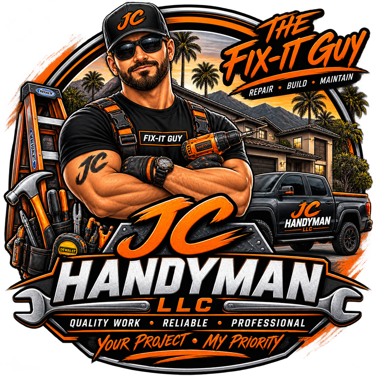 JC Handyman Fix-It Guy mascot with JC Handyman truck